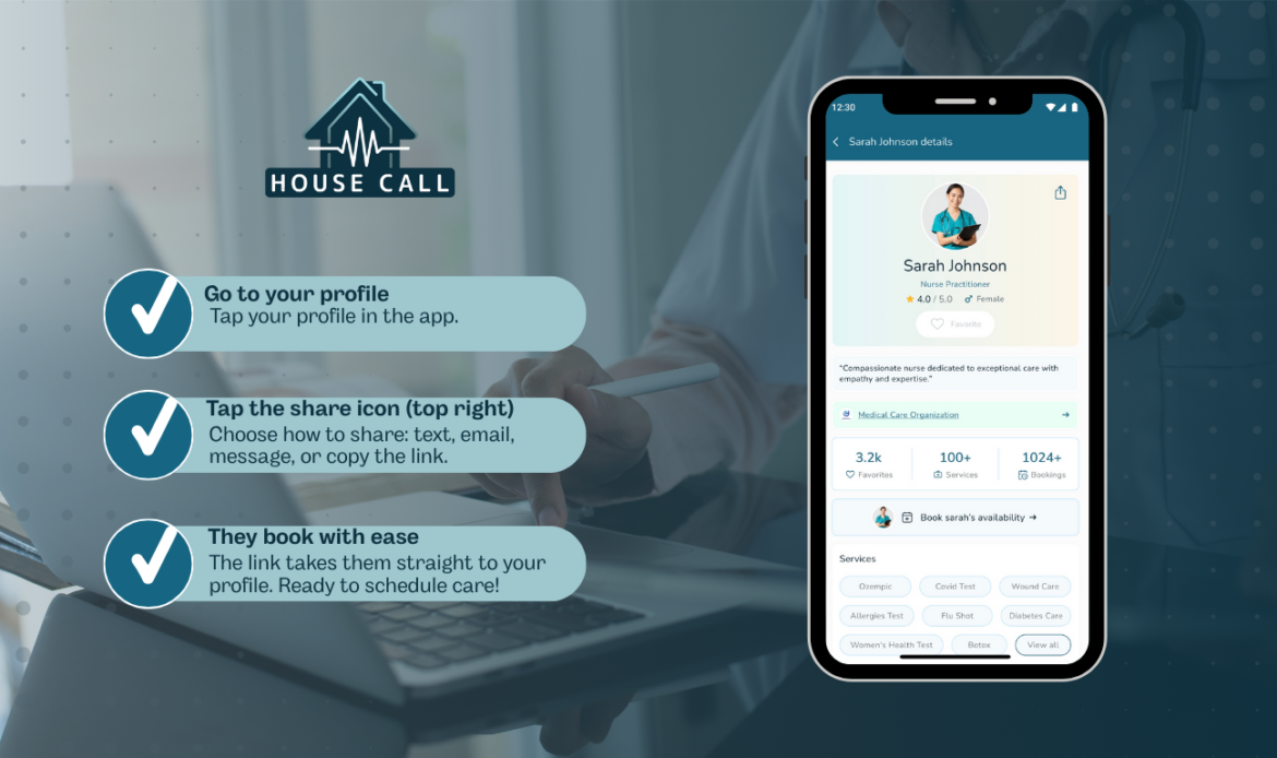 How to share your provider profile link in House Call The App step-by-step guide with example profile on a smartphone screen.