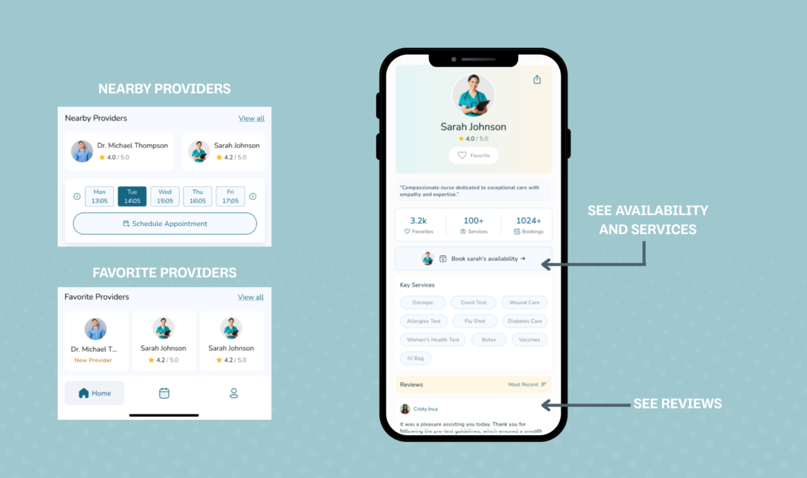 House Call The App screens for how to find the right provider, view their profile, ratings & review, and service offerings