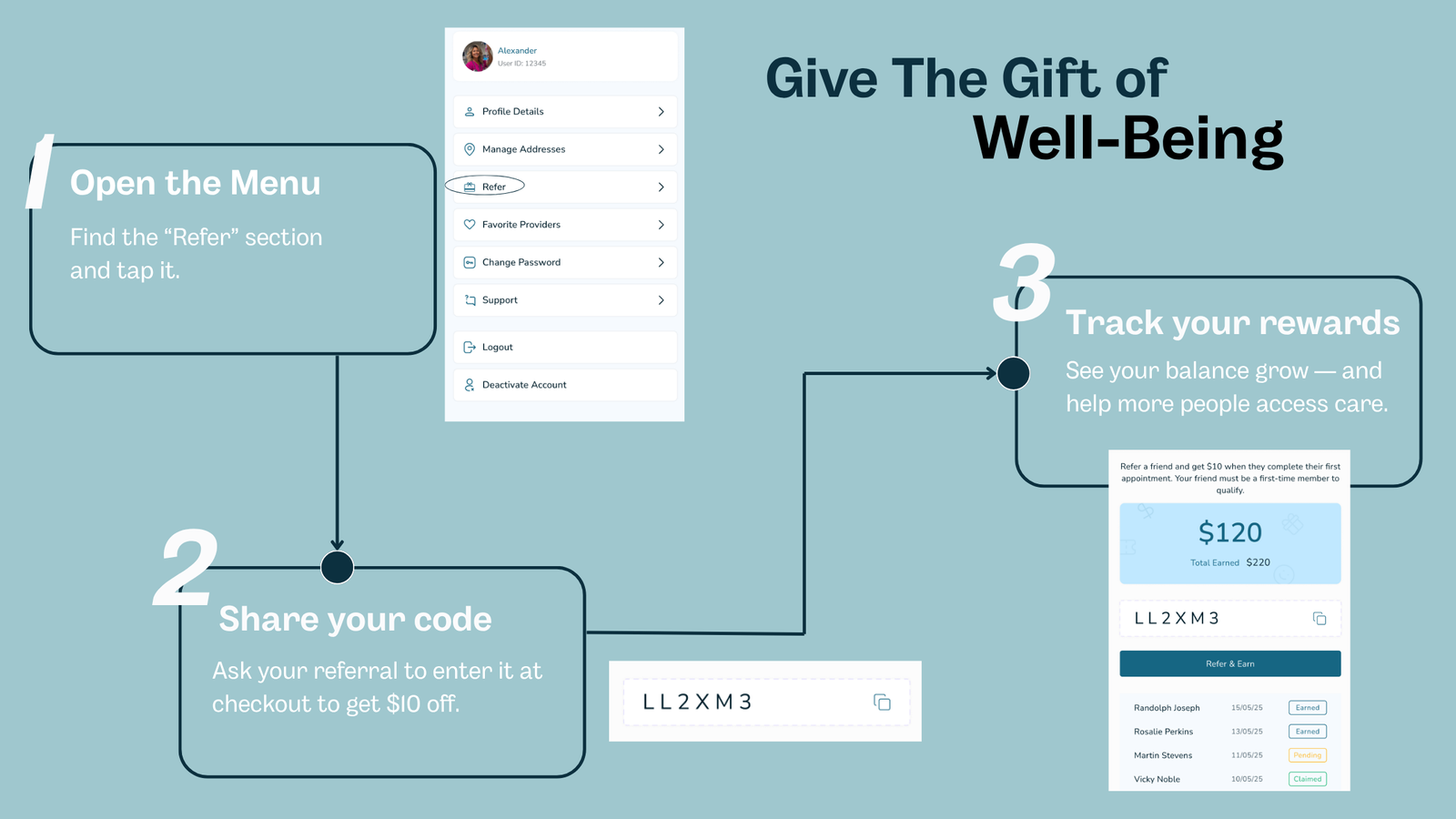 Screenshots showing how to share referral code in House Call The App to earn $10 credit