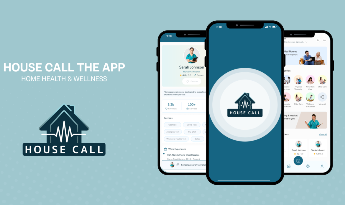 House Call The App mobile screens and logo showing how to reschedule an appointment