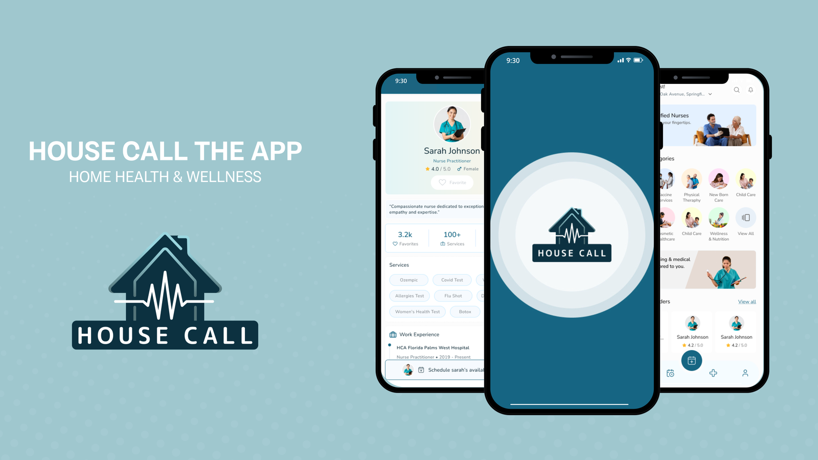 House Call The App mobile screens and logo showing how to reschedule an appointment