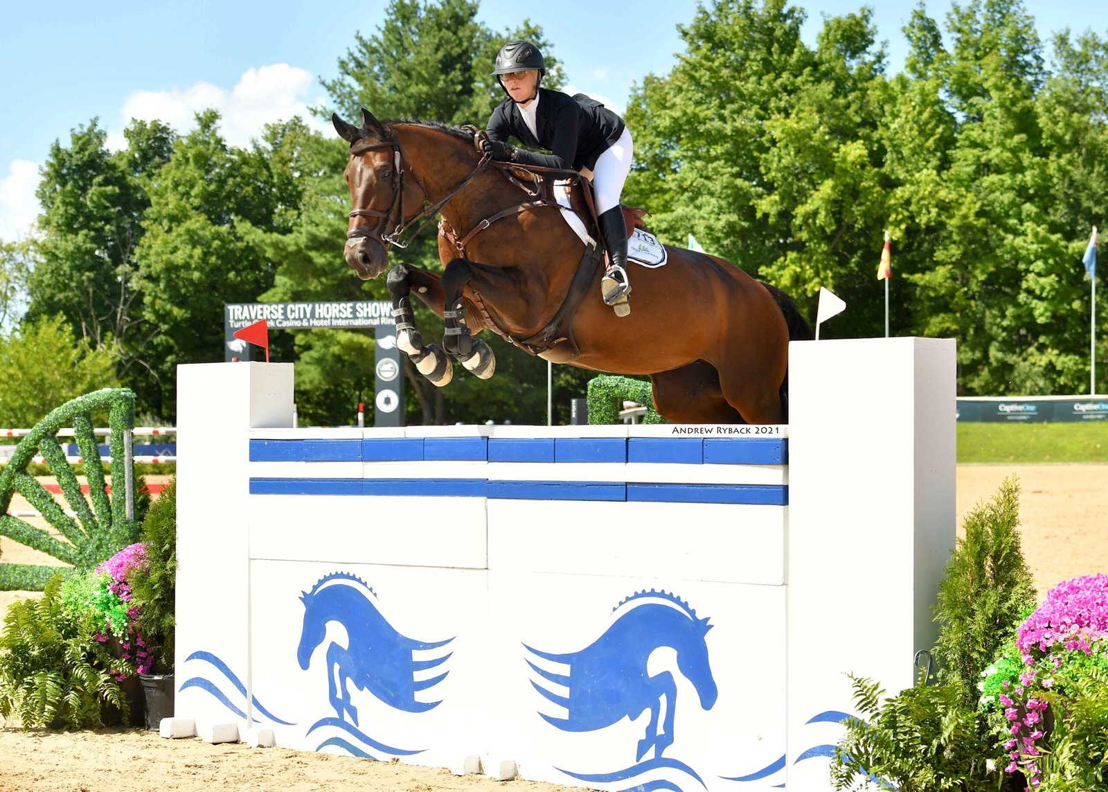 Gigi Moynihan clearing a wall during a show-jumping round at Traverse City Horse Shows, Flintfields Horse Park.